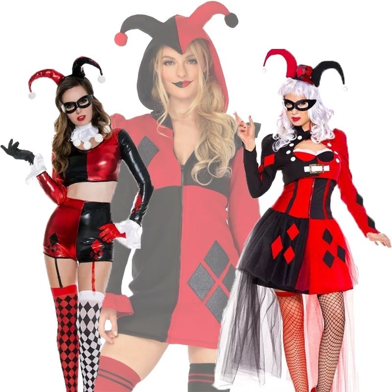 Harley quinn Clown ชุดแฟนซีชุดคอสเพลย์สำหรับผู้ใหญ่ Halloween PARTY