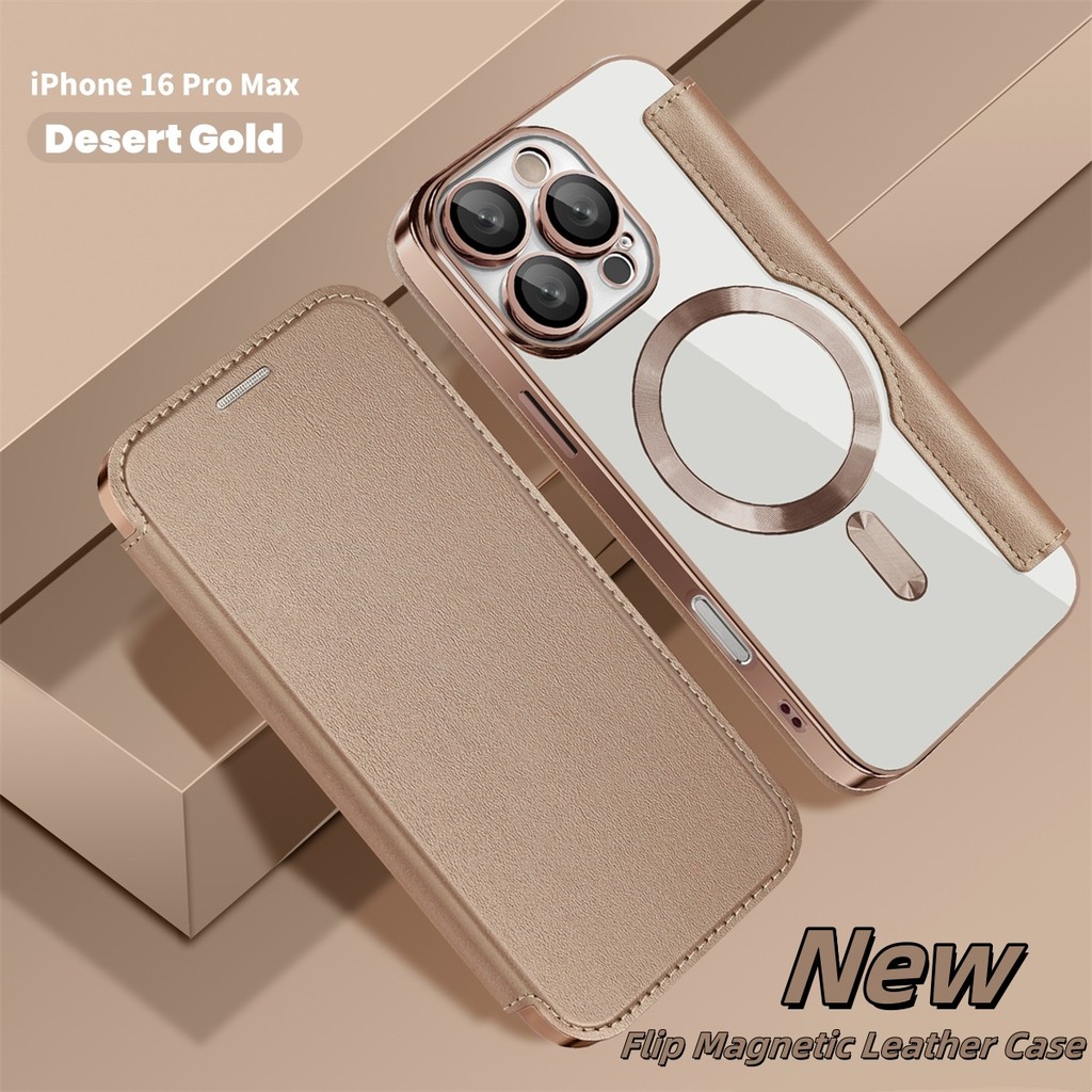 Flip Magnetic Leather Phone Case สําหรับ iPhone 16 12 13 14 15 Pro Max Plus Card Bag ปลอกกันกระแทกสีใหม่ Desert Titanium