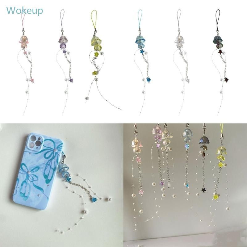 Wake Star Pearl Bead สายคล้องโทรศัพท์ Y2K แมงกะพรุนพวงกุญแจโทรศัพท์คริสตัล Star โทรศัพท์ Lanyard เครื่องประดับ Fringe โทรศัพท์มือถือ Chain