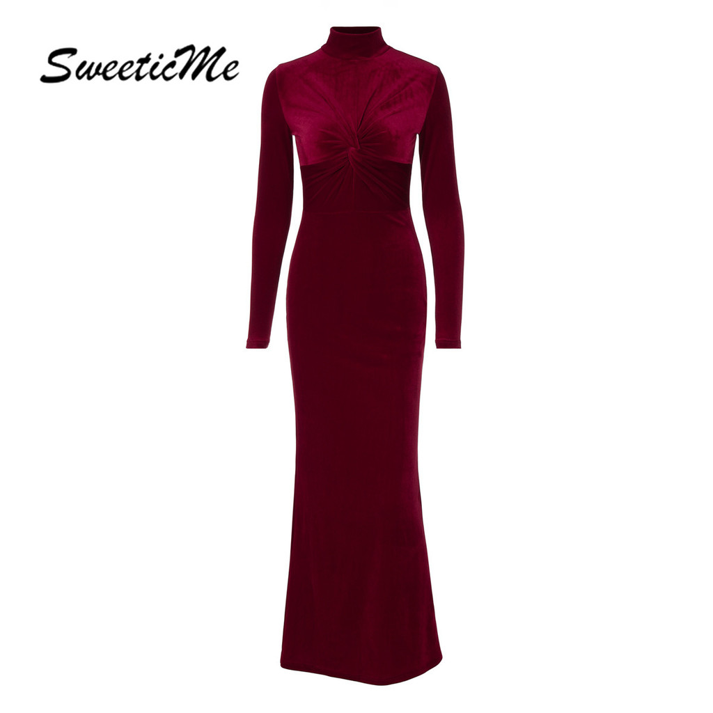 Sweeticme ชุดสตรี 2024 ใหม่แฟชั่นเต่าคอยาวแขนยาว Elegant Slim Fit Party ชุดเดรสยาว