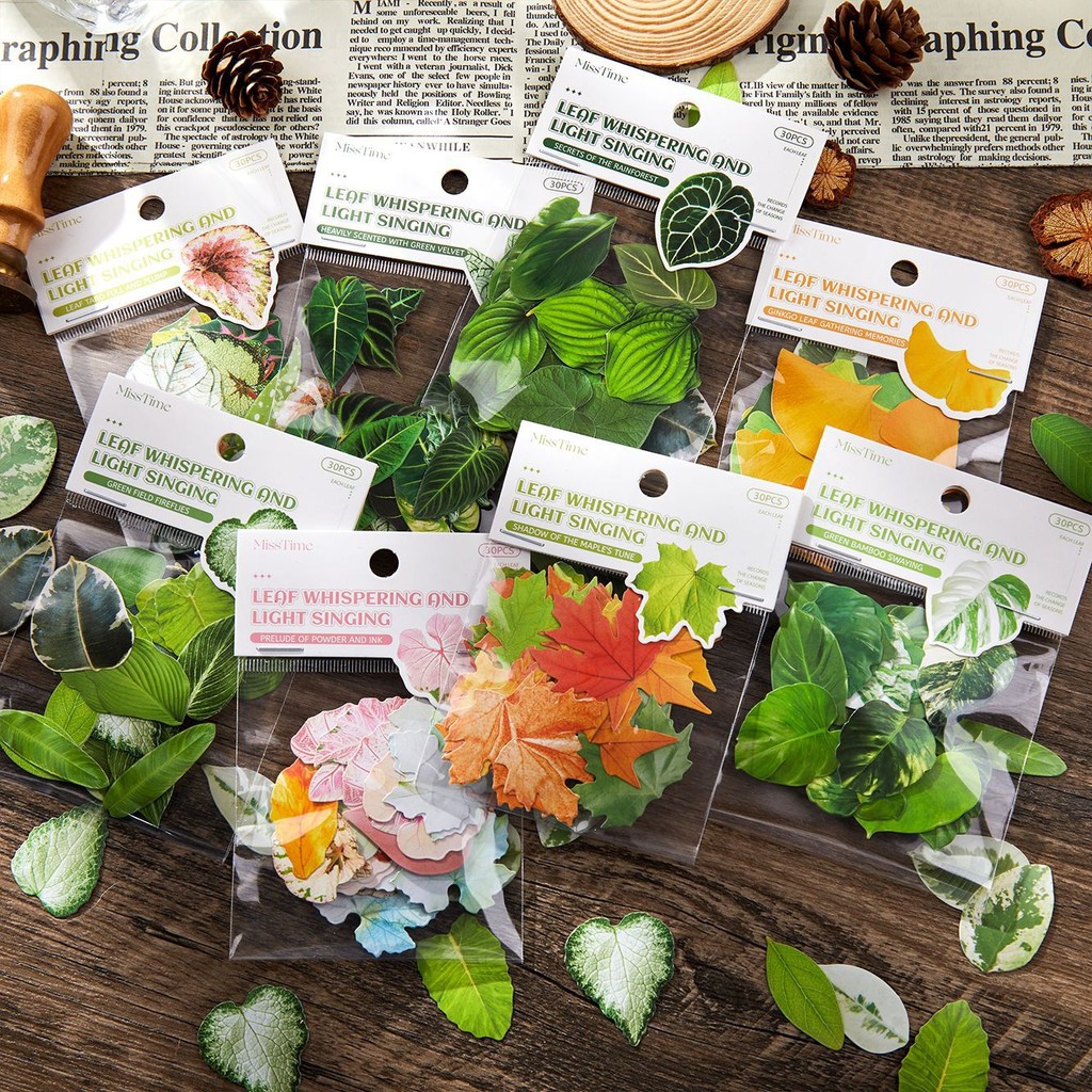 30 ชิ้น/แพ็ค Vintage Fall Leaf สติกเกอร์สีเขียวใบสติกเกอร์ชุดฤดูใบไม้ร่วง PET โปร่งใสตกแต่ง Maple Leaf Decals สําหรับสมุดภาพ Planner Bullet Journaling