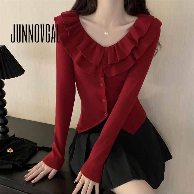 Junnovgal ผู้หญิงเสื้อกันหนาวถักคอวี 2024 Slim Fit แขนยาว