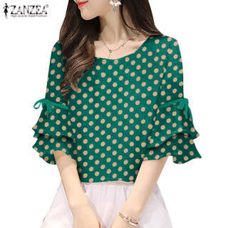 Zanzea เสื้อเบลาส์แขนโอคอครึ่งแขนแฟชั่นเกาหลีสําหรับผู้หญิง