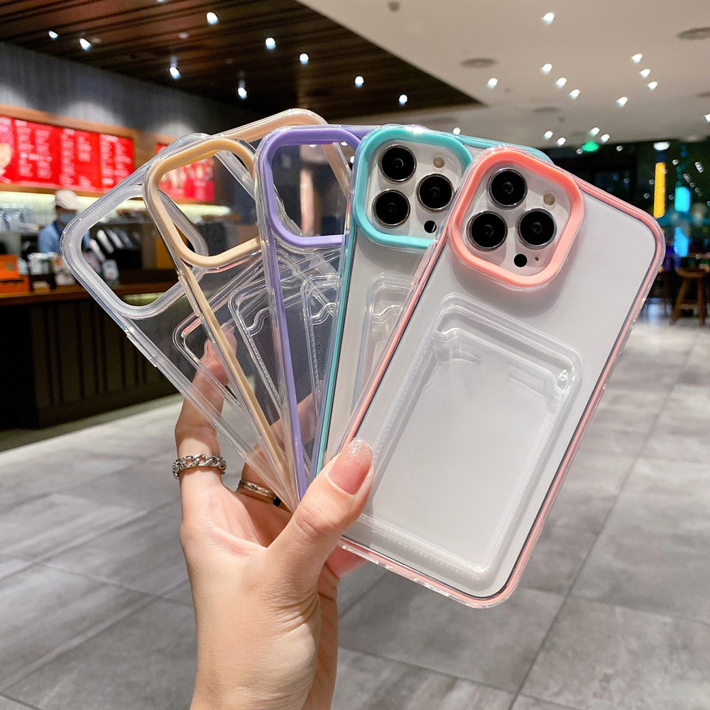 3 in 1 Card Holder Case for IPhone 16 11 13 14 12 15 Pro Max XR X XS Max 6 7 8 Plus SE  ล้างป้องกันการตก สีลูกกวาด