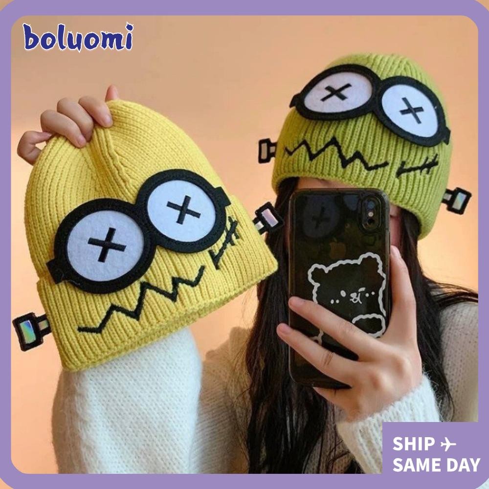 หมวกถัก โบลูโอมิ,หมวกบีนนี่ลายตาใหญ่การ์ตูนอบอุ่น,หมวกป้องกันหูสีลูกกวาดคุณภาพสูง