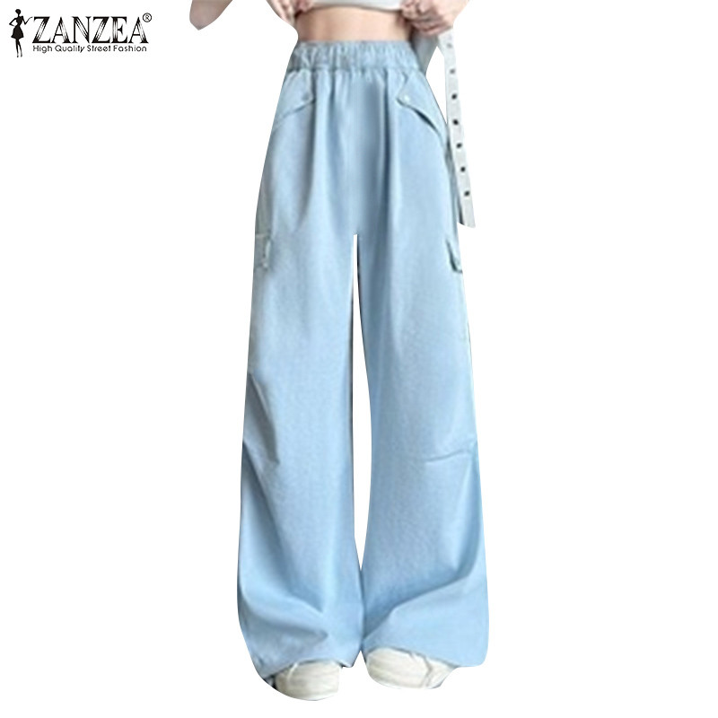 ZANZEA ใส่ ซานเซีย ผู้หญิงเกาหลีเอวยางยืดสบายๆสีทึบหลวมกางเกงขายาว