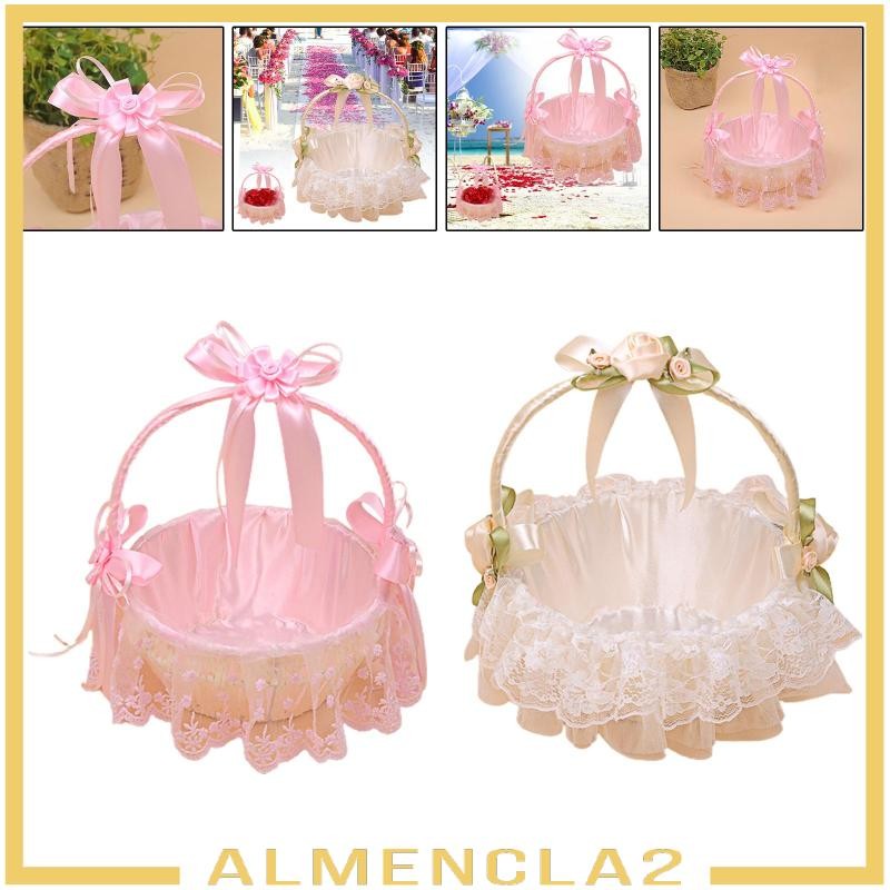 [Almencla2] ตะกร้าริบบิ้นผ้าซาติน แต่งลูกไม้ โบว์ ดอกไม้ สําหรับเจ้าสาว งานอีเวนท์