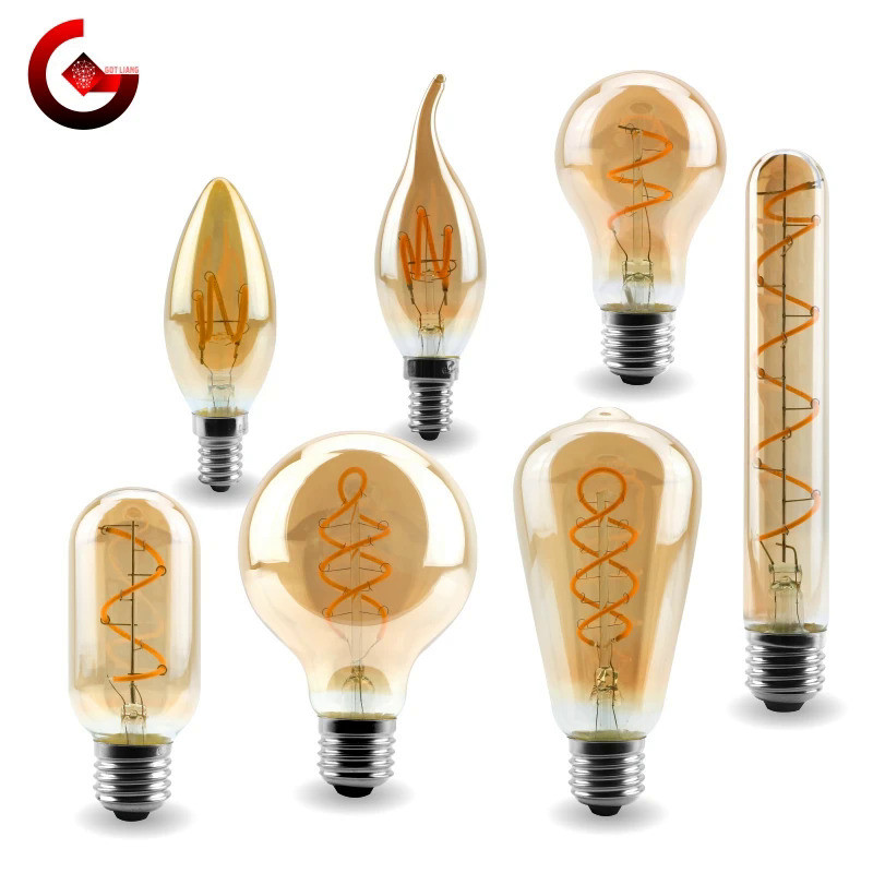E14 E27 Retro LED Spiral Filament Light Bulb 4W Warm Yellow 220V C35 A60 T45 ST64 T185 T225 G80 G95 