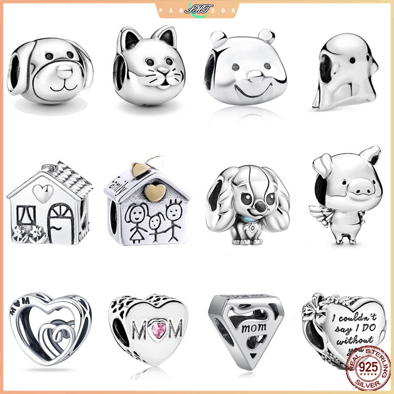 Charms สร้อยข้อมือลูกปัด 925 จี้เงินสเตอร์ลิงคลิป evil eye gold letter stopper หมีสัตว์ DIY เครื่องประดับ
