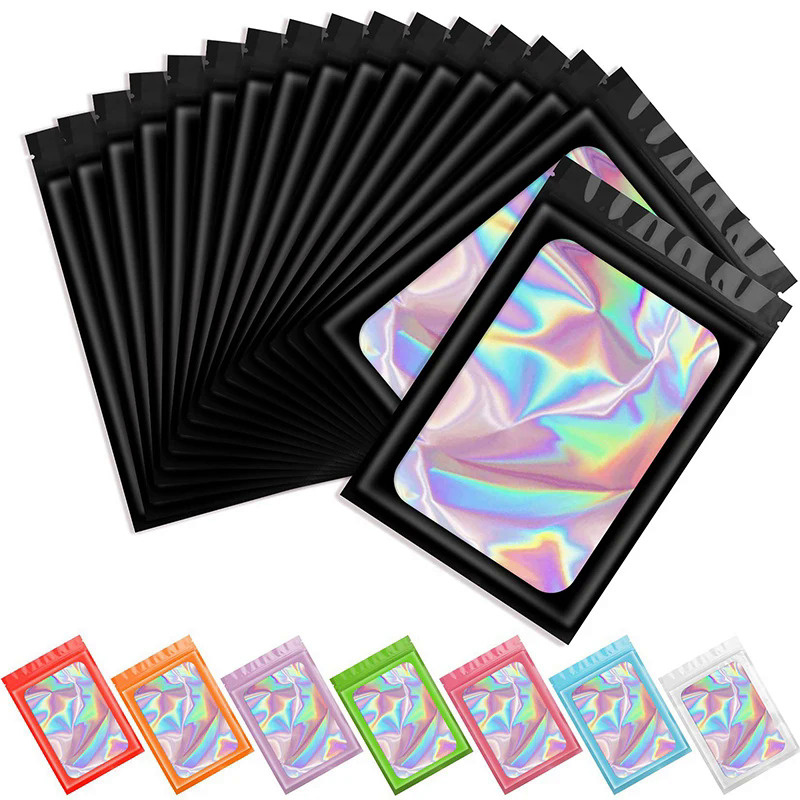 48pcsThick Smell Proof Mylar Bags Holographic Laser Color Plastic Packaging Pouch Jewelry Retail Sto