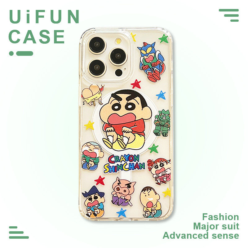 Kawaii Superman Crayon Shin-chan Pig Kickstand แม่เหล็กชาร์จไร้สายเคสโทรศัพท์สําหรับ iPhone 16 Plus 15 14 13 12 Pro Max 11 อะคริลิคโปร่งใสปลอก