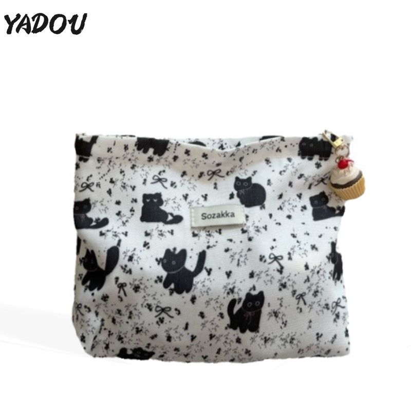 Yadou ins กระเป๋าเก็บของพิมพ์ลายแมวเด็กผู้หญิงแบบพกพาความจุขนาดใหญ่