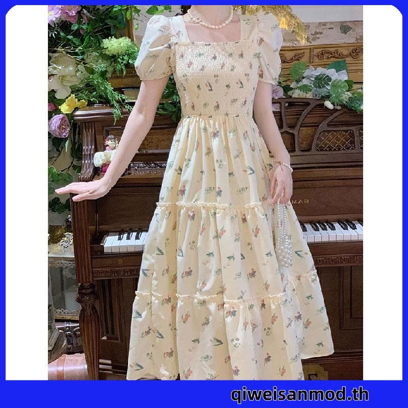 Gjcute ชุดเดรสยาว คอสี่เหลี่ยม พิมพ์ลายดอกไม้ สไตล์เรโทร สําหรับสตรี WTD