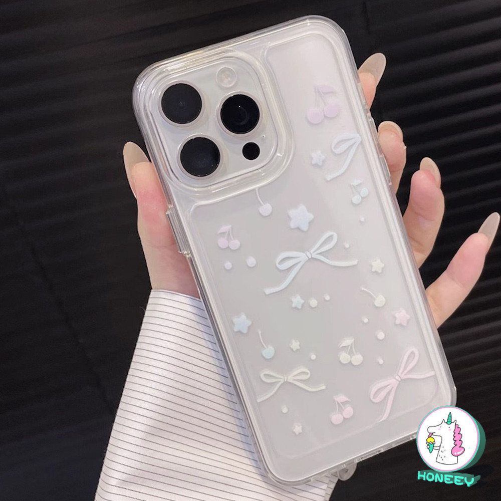 เกาหลี Cherry Bowknot โปร่งใสเคสโทรศัพท์สําหรับ IPhone 11 15 16 Pro Max 13 14 12 Promax 16plus XR XS Max 7Plus 8Plus กันกระแทก Soft TPU ป้องกันปกหลัง