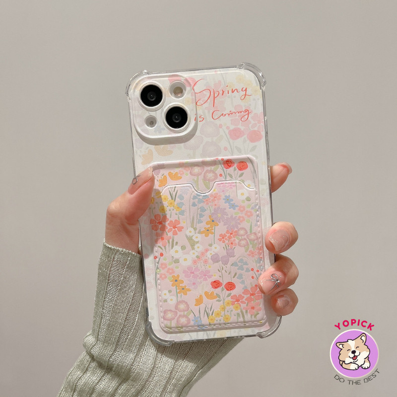 ดอกไม้ฤดูใบไม้ผลิสําหรับ IPhone 15 16 Pro Max เคสโทรศัพท์ 11 12 13Mini 13Pro Max 14Plus XR XS Max 6 7 8 Plus SE2020 การ์ดฝาครอบโทรศัพท์โซ่แขวนเชือก KB