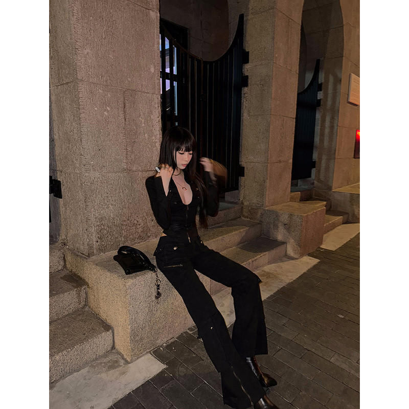 American-Style Black Deep V Collar Slimming Retro Shirt Short Pure Slim Fit Hot Girl Top Autumn Long Sleeve Style Sexy SEJQ - รูปที่ 3