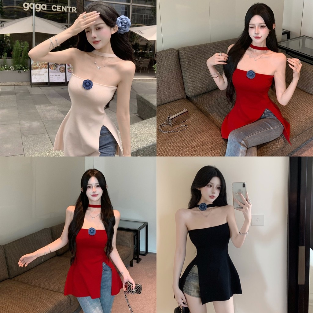 Evelyn ​เสื้อเกาะอกคล้องคอไหมพรม เซ็กซี่ ดีเทลแถมเข็มกัดดอกไม้ ทรงเกาะอก ทรงรัดรูป ใส่สบาย ทรงสวย#AC10