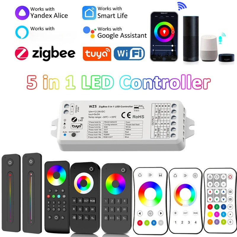 Tuya Zigbee LED Controller 5in1 RGB CCT RGBW RGBCCT DC 12V 24V 15A LED Strip Light RF 2.4G Wifi Smart Life Voice Alexa Home WZ5