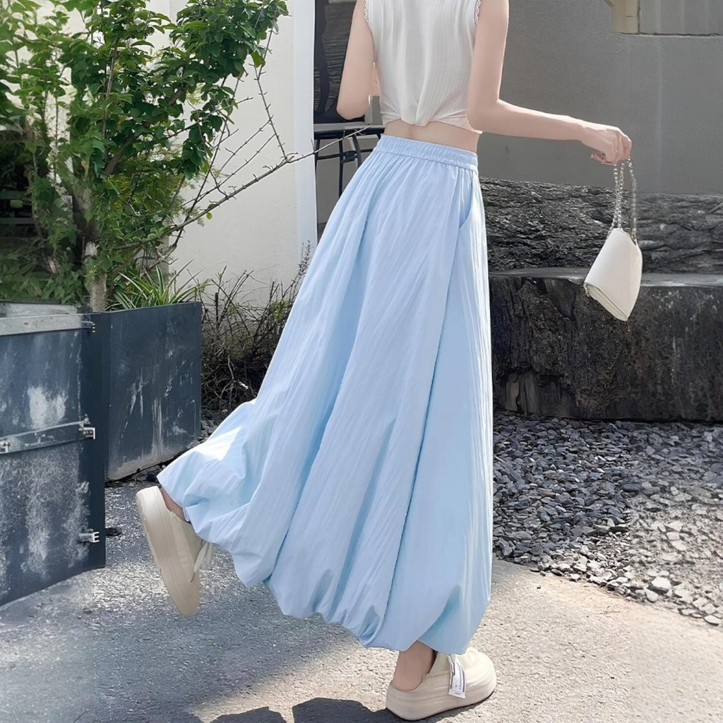 กางเกงขากว้างเอวสูงสไตล์เกาหลี กางเกงทรงกระโปรงพองๆน่ารักๆ สีพาสเทล เอวยางยืด ผ้าสองชั้นไม่บาง สวมใส่สบาย - รูปที่ 2