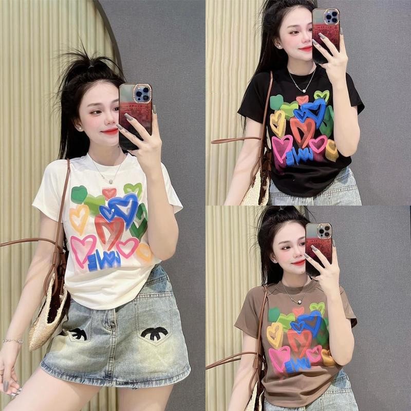 เสื้อยืดผู้หญิง ทรงสลิมฟิต สไตล์สาวฮอตสตรีท ใส่หน้าร้อน ใส่ได้ทุกวัน ระบายอากาศได้ดี ใส่สบาย แฟชั่น แขนสั้น