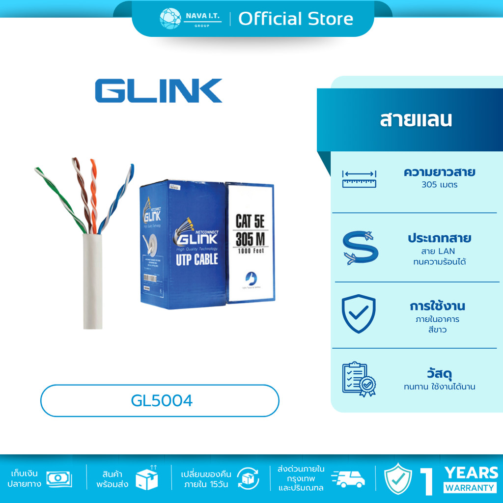🛵มีส่งด่วน💨 GLINK GL5004 สายแลน CAT5E ภายใน 305 เมตร สีขาว รับประกัน 1 ปี