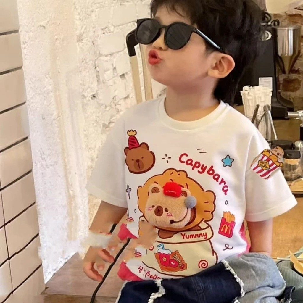 เสื้อยืดเด็กผ้าฝ้ายแท้ แขนสั้น ออกแบบสามมิติการ์ตูน French Fries สไตล์แฟชั่นสำหรับฤดูร้อน