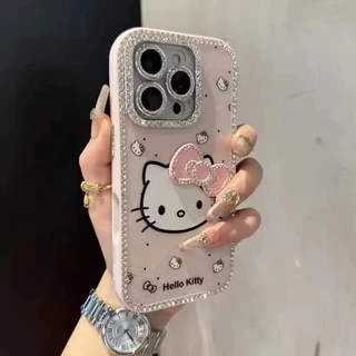 สองด้านฝังRhinestone 3Dโบว์การ์ตูนแมวสําหรับiPhone 13 14 15 16 Pro Max Anti fall hard CoverสําหรับiPhone15Promaxกรณีปลอก