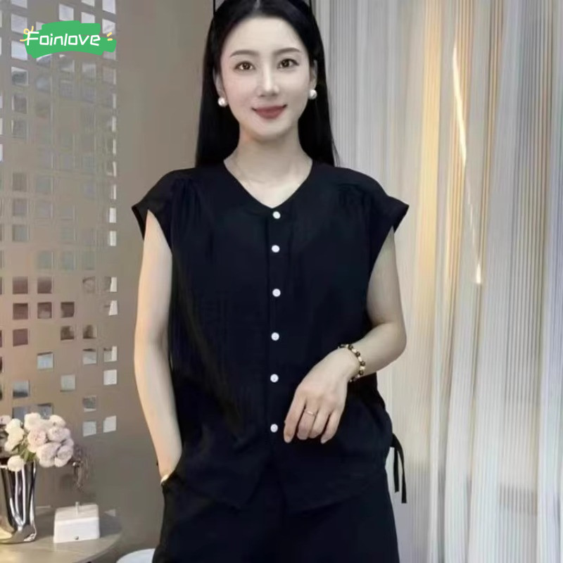 เสื้อ คอกลม ผู้หญิงฝรั่งเศสย้อนยุคทุกการแข่งขันแฟชั่นใหม่สบายๆสีทึบปุ่มด้านบน