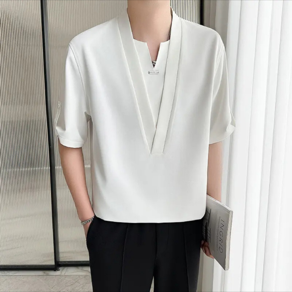 2025 ฤดูร้อนใหม่แฟชั่นเสื้อโปโลแขนสั้นผู้ชายอินเทรนด์มีสไตล์สบายๆหลวมสีทึบแขนห้าส่วนด้านบน