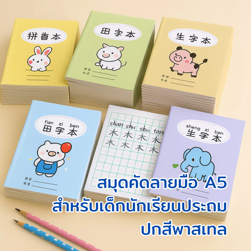 สมุดจีน สมุดพินอิน สมุดฝึกเขียนจีน สมุดคัดลายมือ สมุดการ์ตูน A5 สำหรับเด็กนักเรียนประถม ปกสีพาสเทล