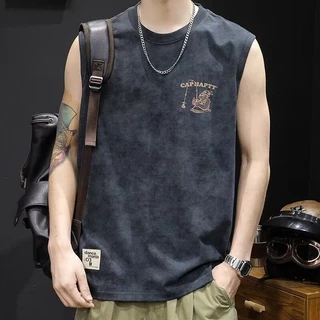 EERSHENSHI เสื้อกั๊กผู้ชายคอกลมเสื้อยืดแขนกุดพิมพ์ลายชายเสื้อที่เสียหาย