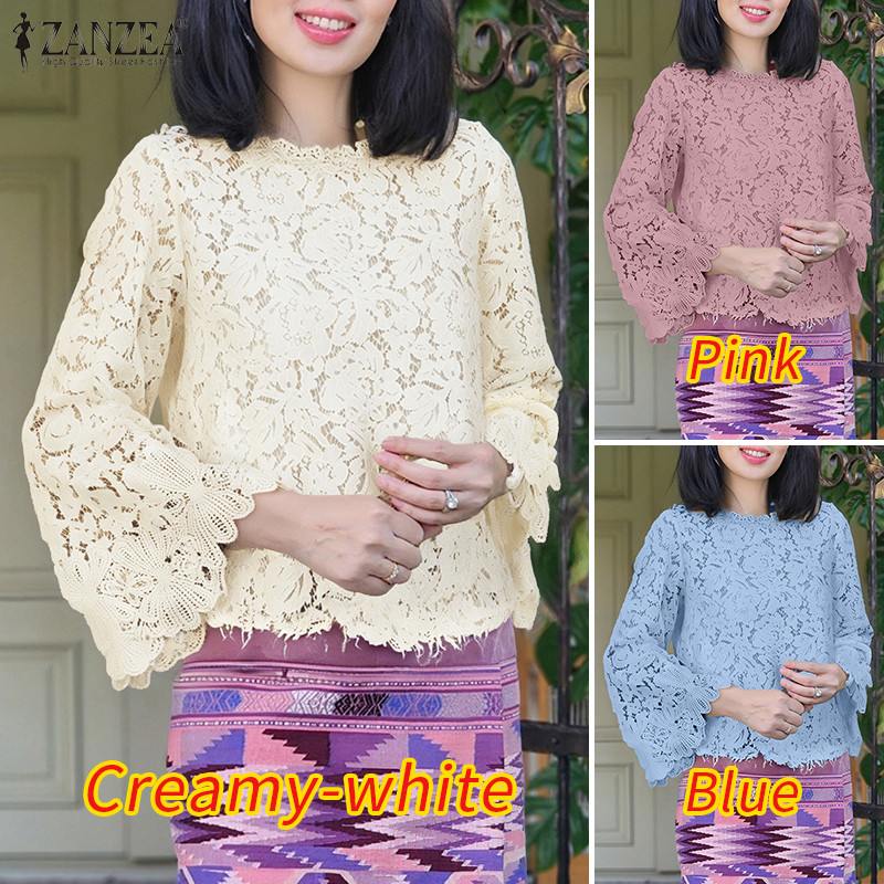 ZANZEA เสื้อแฟชั่นเกาหลีหรูสำหรับผู้หญิง แบบแขน3/4 ลายบานลูกไม้Crochet มีปุ่มด้านหลัง — صورة 3