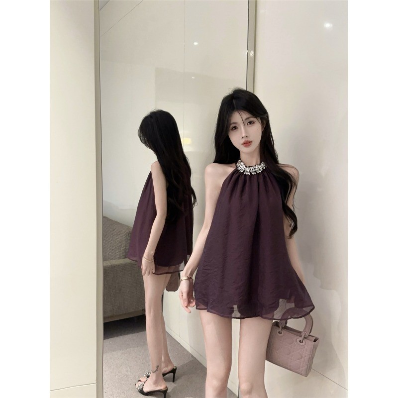 Classy กระโปรงเชิ้ตแขนกุดชีฟองสำหรับผู้หญิง ฤดูร้อน มีคริสตัลประดับ Halterneck