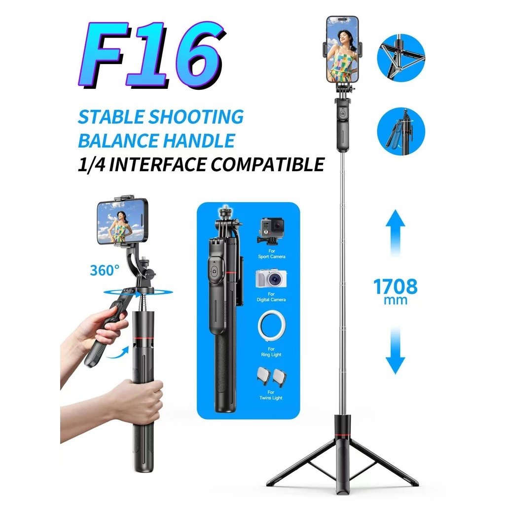 ขาตั้งโทรศัพท์เซลฟี่ F16 กันกระแทก 1.708 ม. ขาตั้งอเนกประสงค์ หมุนได้ 360° พร้อมรีโมตคอนโทรลบลูทูธ LED ถ่ายVlog ไลฟ์
