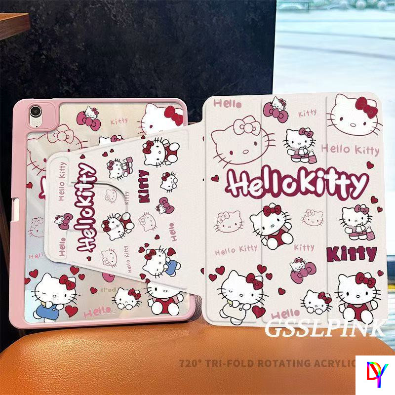 สีชมพู Hello Kitty 360 องศาหมุนกรณี ipad Gen11-A16 2025 Air5/6/7 mini6/7 8.3 ฝาครอบอะคริลิค Pro 2022/2024-M4 gen10 2022 gen7/8/9 Anti-drop ฝาครอบพร้อมช่องเสียบปากกา