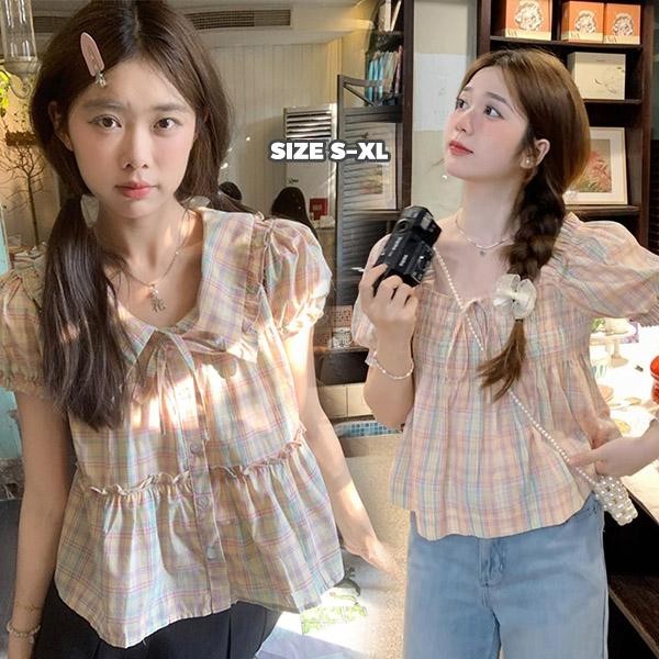 C&T#เสื้อเชิ้ตแขนสั้นลายสก็อตสีชมพูสำหรับผู้หญิง เสื้อแขนตุ๊กตา ในฤดูร้อนพร้อมแขนพองหลวม สไตล์หวานและอ่อนโยนน่ารักๆ#W625