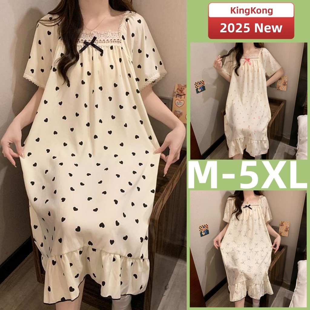 ชุดนอนแขนสั้นผู้หญิง ขนาด M-5XL ผลิตจากผ้าฝ้าย สไตล์ชุดราตรี