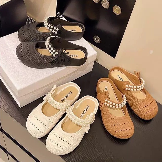 SUNBALEE 🌼 508 รองเท้าคัทชูเปิดส้น แบบสวม สไตล์คลาสสิค สีพื้น ตกแต่งไขมุก สินค้าพร้อมส่ง