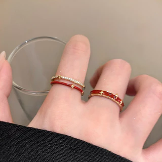 แหวนแฟชั่นผู้หญิง แดงลายดาว สไตล์วินเทจ ใส่ซ้อนได้ ปรับขนาดได้ เรียบหรู