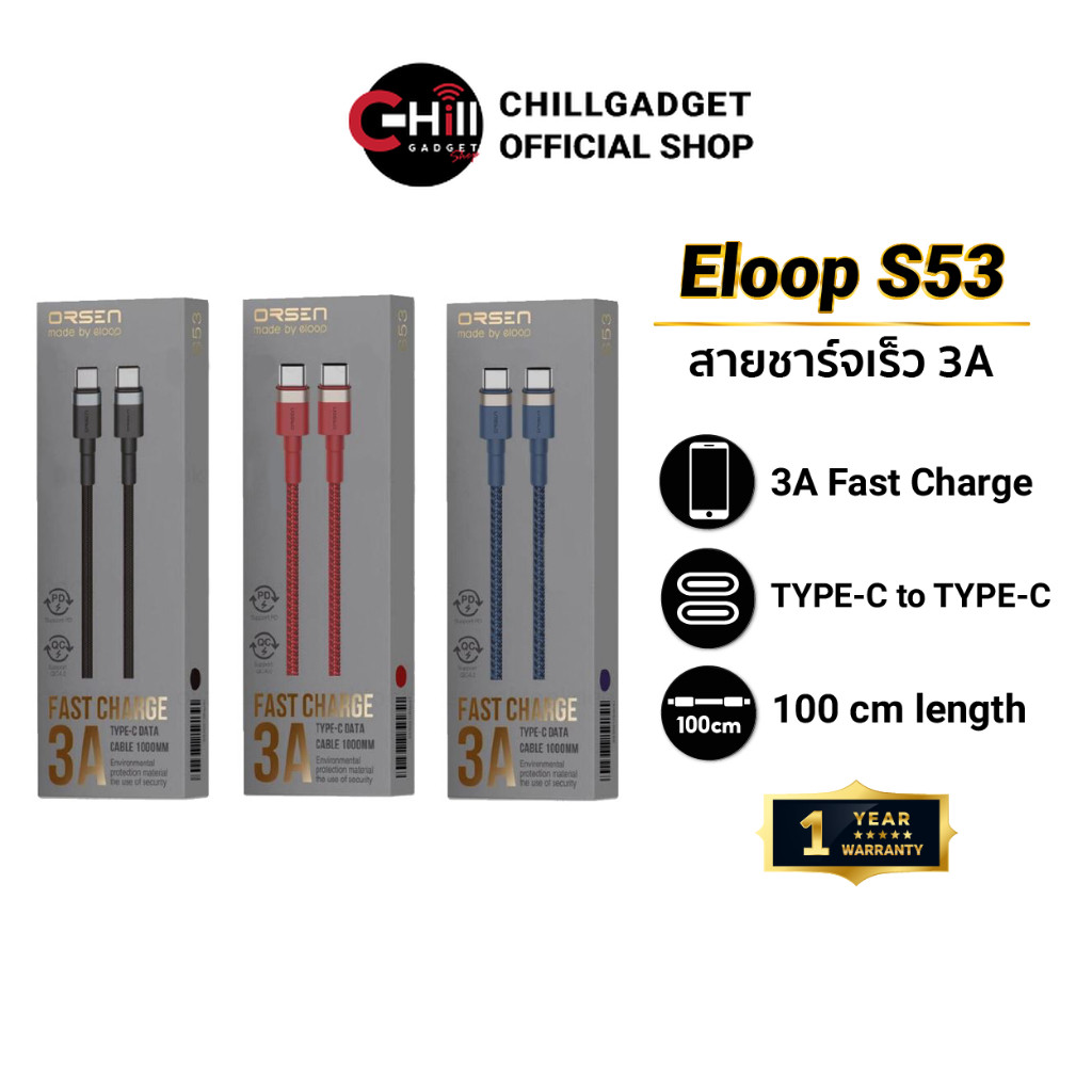 Orsen by Eloop S53 สายชาร์จ Type-C to Type-C รองรับชาร์จเร็ว QC3.0/4.0 สายถักไนลอน ถ่ายโอนข้อมูลได้