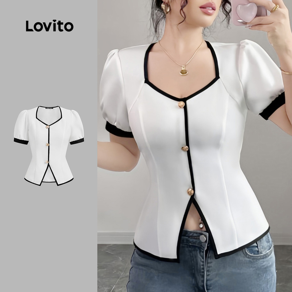 Lovito เสื้อ เสื้อผู้หญิง หรูหรา ขอบตัดสลับ สีดำและขาว สวยงามในฤดูใบไม้ผลิ/ฤดูร้อน L138ED571