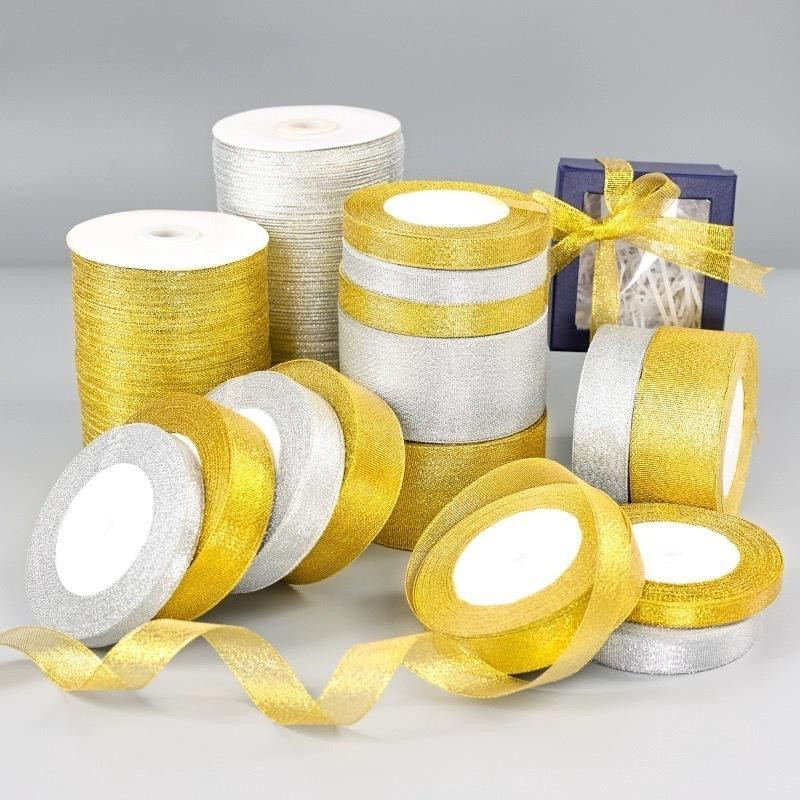 ริบบิ้นเนื้อทรายสีเงิน/สีทองเหมาะกับการผูกโบว์ตกแต่ง สำหรับงานฝีมือ ริบบิ้นห่อของขวัญ อุปกรณ์DIY