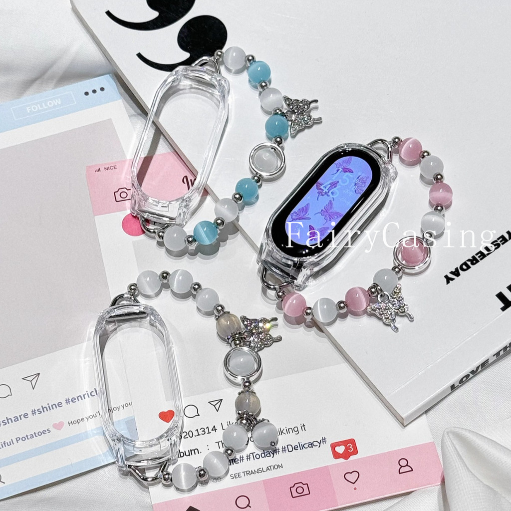 เคส Claer + สายรัดลูกปัดเหมาะสําหรับ Xiaomi Band 10 9 8 Nfc 8Pro 9Pro ยืดหยุ่นสําหรับ Mi Band 3 4 5 6 7 8 9 สายรัดข้อมือที่ใช้งาน
