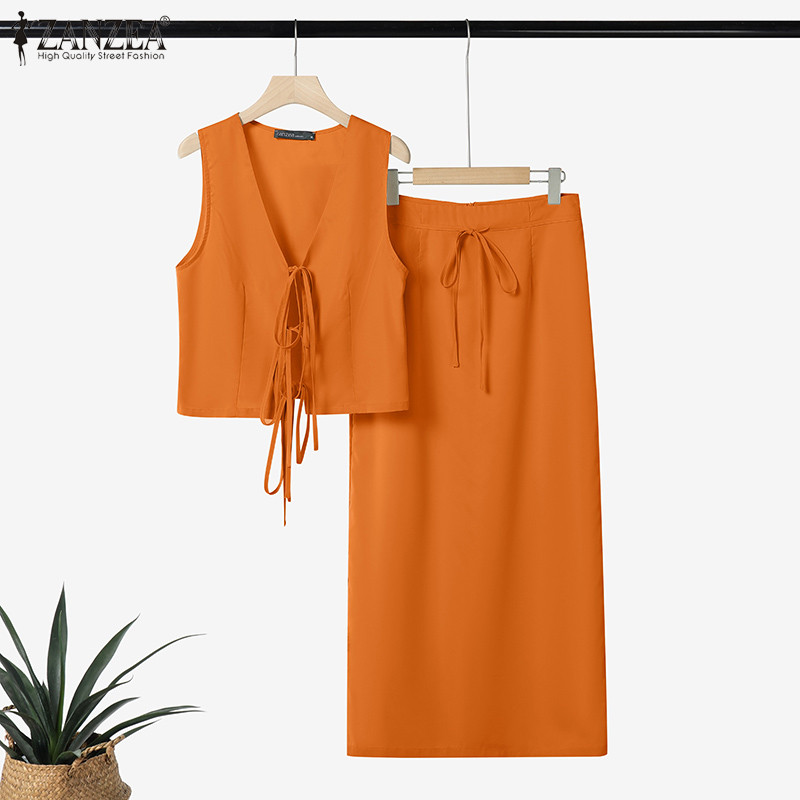 ZANZEA ชุดเซตสำหรับผู้หญิง สไตล์เกาหลี คอวี สีทึบ พิมพ์ลายลูกไม้ ทรงเอ เสื้อแขนกุดและกระโปรงหลวม