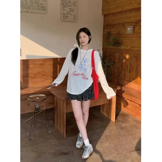 Cicishop(CM2082) เสื้อยืดแขนยาวพิมพ์ลายดอกไม้ตัวอักษรผ้ายืด ผ้าโปร่งบางๆสไตล์แฟชั่นเกาหลี