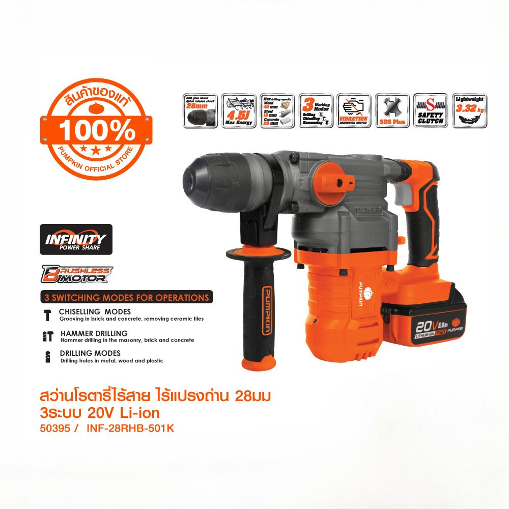 PUMPKIN INFINITY POWER 20V สว่านโรตารี่ไร้สาย ไร้แปรงถ่าน 28มม. 3ระบบ 20V Li-ion 50394/50395