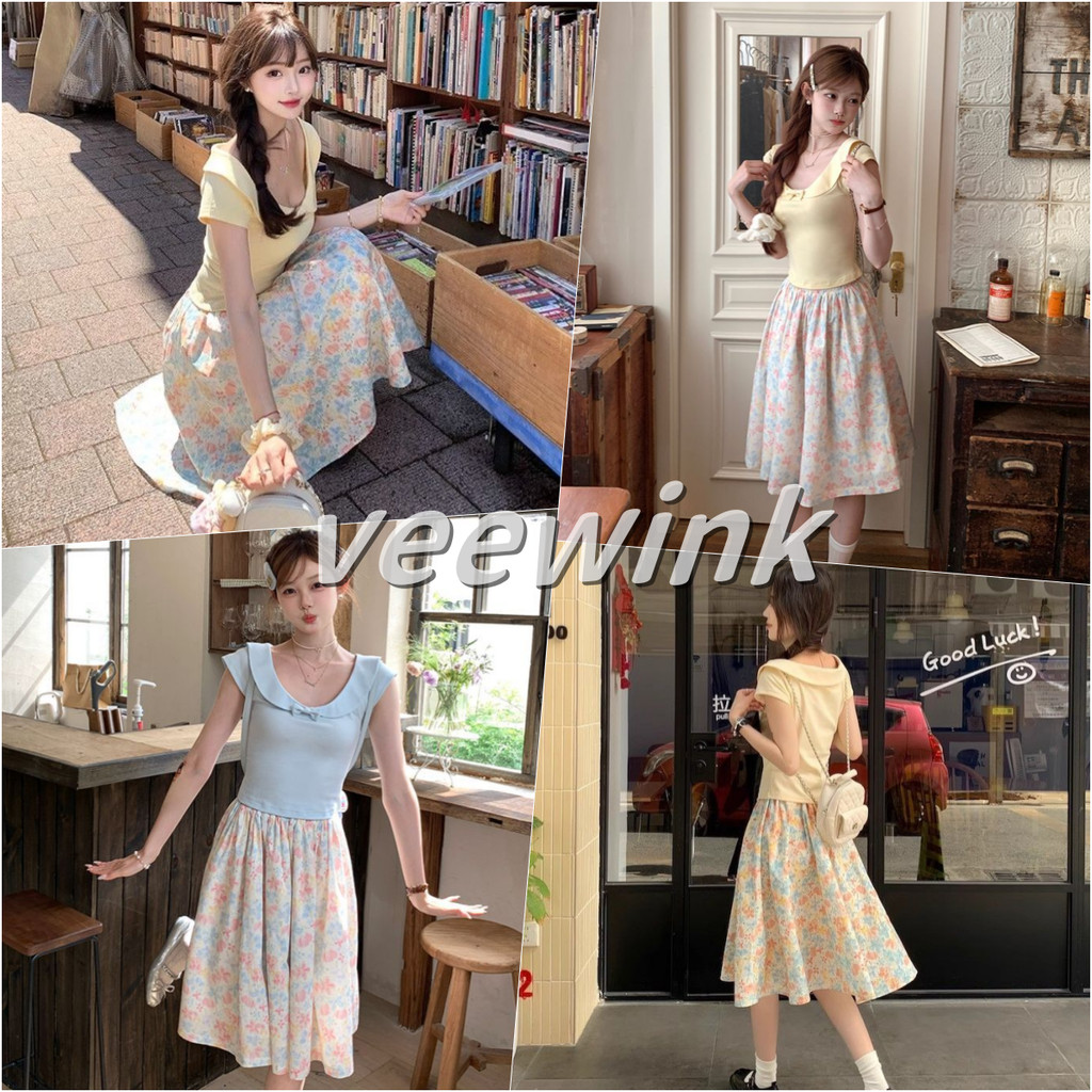 Veewink กระโปรงดอกไม้ สไตล์นักเรียนญี่ปุ่น กระโปรงมิニ เอวสูง กระชับเอว ใส่เที่ยว ใส่เรียน เนื้อผ้าเบาบาง ระบายอากาศดี