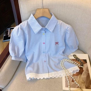 Dahong W635 เสื้อเชิ้ตแขนสั้นผู้หญิงน่ารักๆ oversize ปักโบว์แดง ผ้าคัตตอน เสื้อผ้าแฟชั่นสไตล์เกาหลี