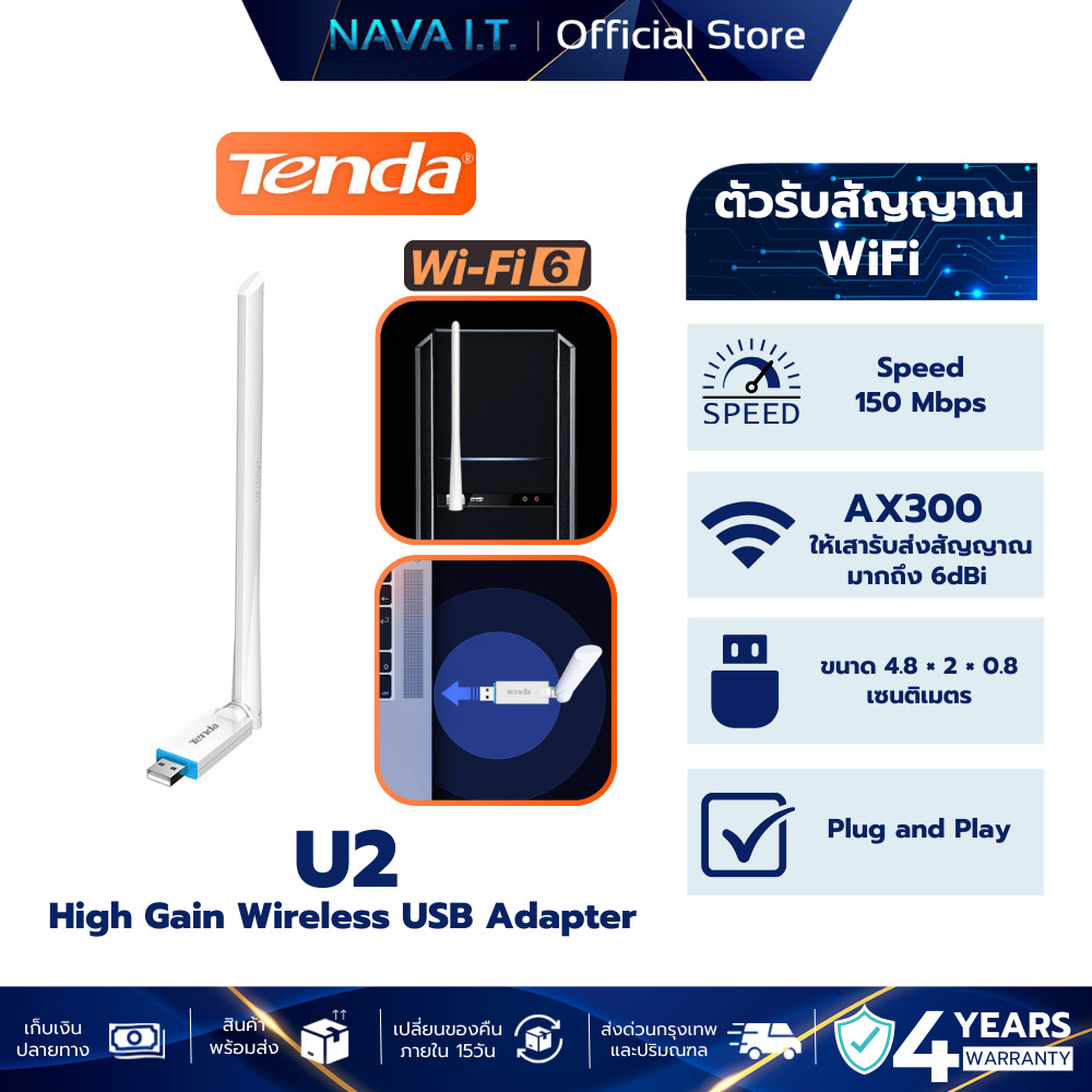 Tenda U2 ตัวรับสัญญาณ WiFi 6 AX300 High Gain Wireless USB Adapter (U2) ประกันศูน