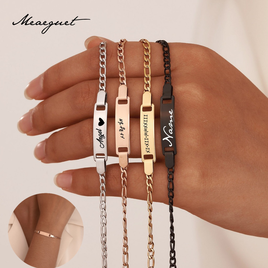 Meaeguet สร้อยข้อมือสแตนเลสแกะสลัก 18K สร้อยข้อมือคำชื่อที่กำหนดเอง ของขวัญเครื่องประดับแฟชั่นไม่ซีดจาง สร้อยข้อมือสลักชื่อ